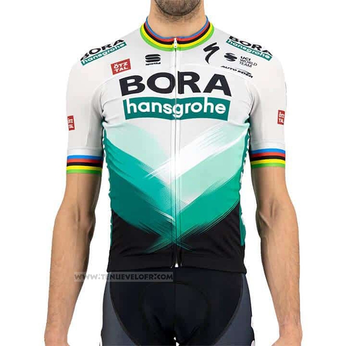 2021 Maillot Cyclisme Bora Champion Blanc Verde Manches Courtes et Cuissard